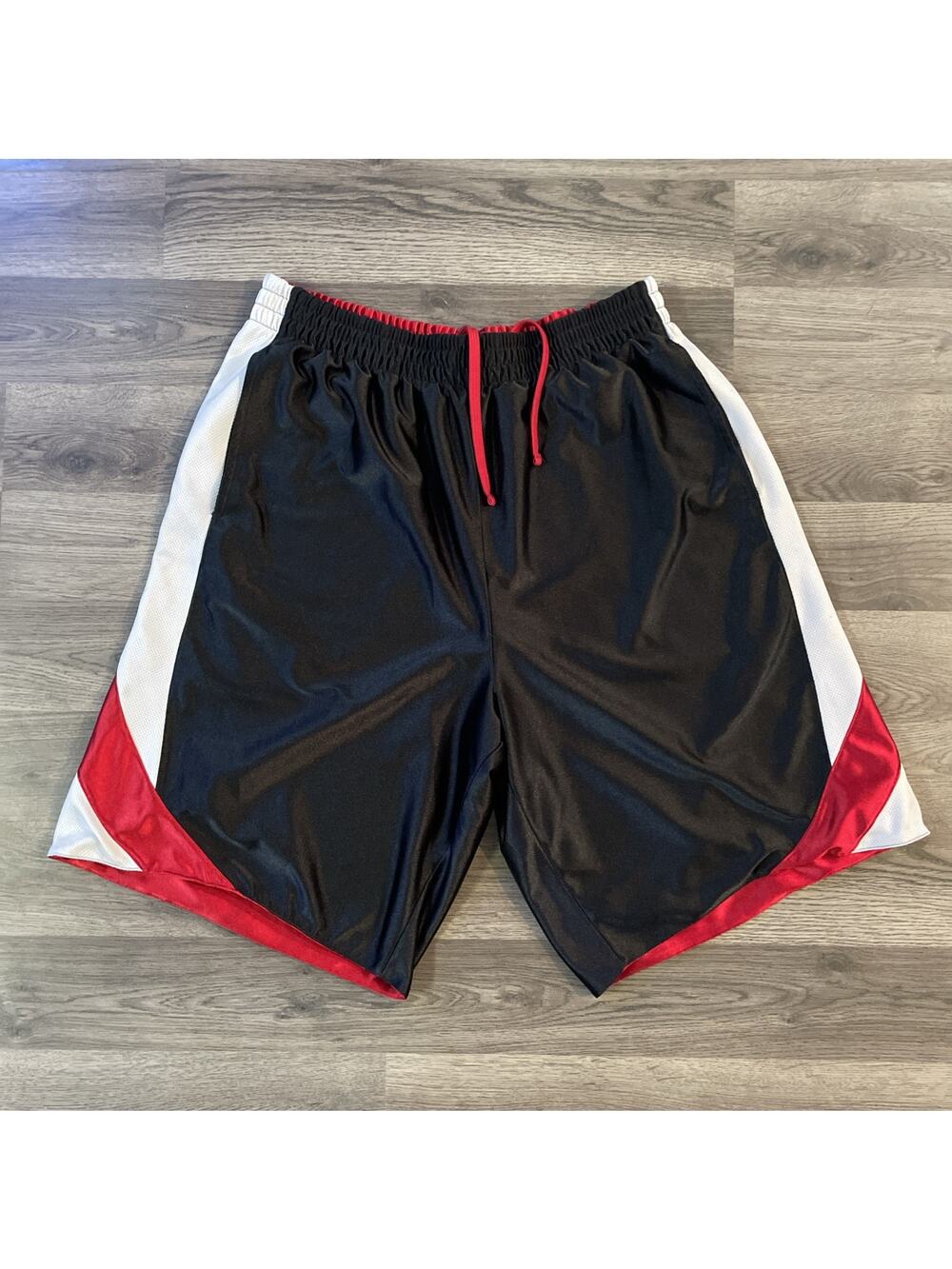 Vintage Y2K Reversible Basketball Shorts Black Red Dazzle Shiny Mesh 32" Waist